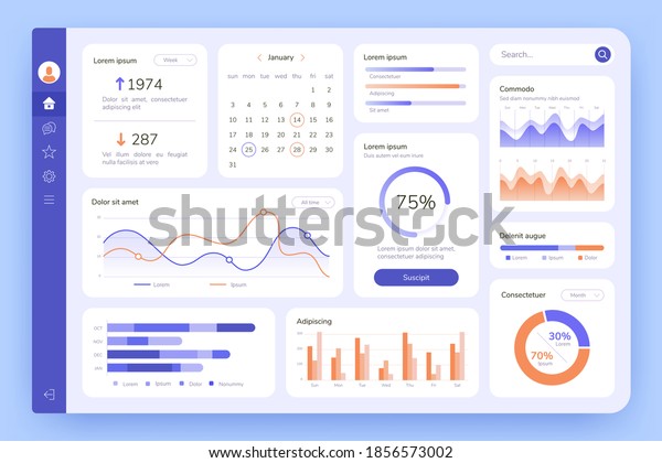 Dashboard. UI infographic, data graphic and chart.\
Screen with business analytics. Admin statistical software, web\
interface vector template. Illustration statistical infographic\
data screen