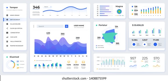 Dashboard UI. Modern presentation with data graphs and HUD diagrams, clean and simple app interface. Vector abstract modern web UI design - Shutterstock ID 1408875599
