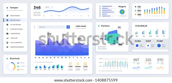 Dashboard UI. Modern presentation with data graphs\
and HUD diagrams, clean and simple app interface. Vector abstract\
modern web UI design