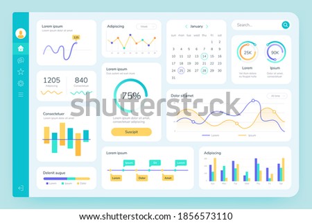 Dashboard UI. Simple data software, chart and HUD diagrams, admin panels. Modern financial application interface template vector infographic. Illustration report diagram visualization statistic