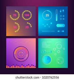 Dashboard UI and UX Kit. Bar chart and line graph designs. Different infographic elements. Dark background. Head-up display elements for the web and app. Futuristic user interface. Virtual graphic