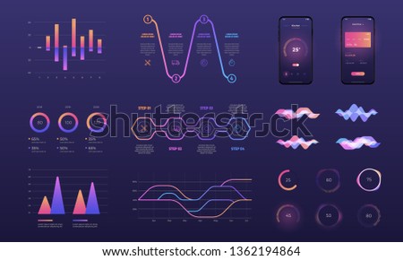 Dashboard UI and UX Kit. Control center design. Infographics design vector and marketing icons can be used for workflow layout, diagram, annual report, web design.