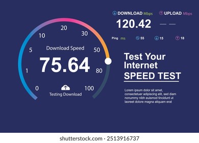 Painel de um site para testes de velocidade de internet com estilo digital e tecnológico. rede de internet com velocidade 5g para baixar e enviar arquivos