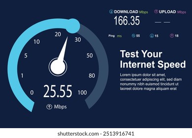 Painel de um site para testes de velocidade de internet com estilo digital e tecnológico. rede de internet com velocidade 5g para baixar e enviar arquivos