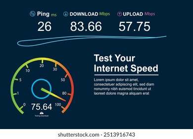 Tablero de un Sitio web para pruebas de velocidad de internet con estilo digital y tecnológico. red de internet con velocidad 5g para Descarga y envío de archivos
