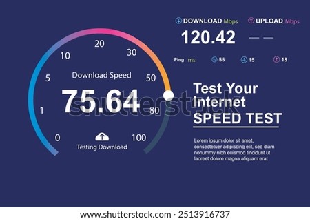 Dashboard of a website for internet speed tests with digital and technological style. internet network with 5g speed to download and send files