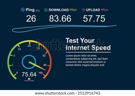 Dashboard of a website for internet speed tests with digital and technological style. internet network with 5g speed to download and send files