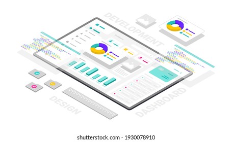 Dashboard website and software technology development. 3d isometric illustration
