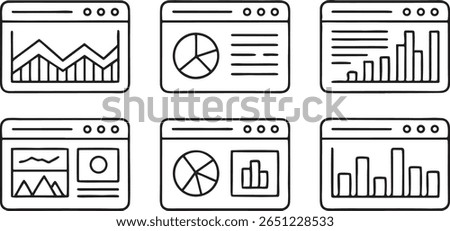 dashboard widgets icon set, flat vector, KPI cards graph chart symbols, editable UI kit for SaaS or analytics dashboard design