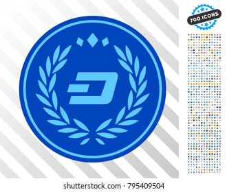 Dashcoin Coin icon with 7 hundred bonus bitcoin mining and blockchain graphic icons. Vector illustration style is flat iconic symbols design for bitcoin websites.