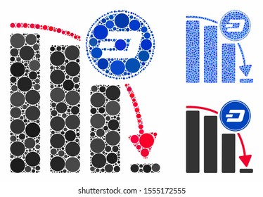Dashcoin epic fail chart composition of filled circles in various sizes and shades, based on Dashcoin epic fail chart icon. Vector filled circles are composed into blue mosaic.