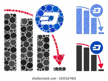 Dashcoin epic fall chart mosaic of circle elements in different sizes and color hues, based on Dashcoin epic fall chart icon. Vector circle elements are composed into blue mosaic.