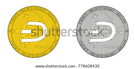 Dashcoin fine detailed physical concept. Two vector cryptocurrency coins: golden and silver.