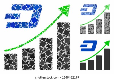 Dashcoin growing trend mosaic of irregular parts in different sizes and color tones, based on Dashcoin growing trend icon. Vector tremulant parts are organized into collage.