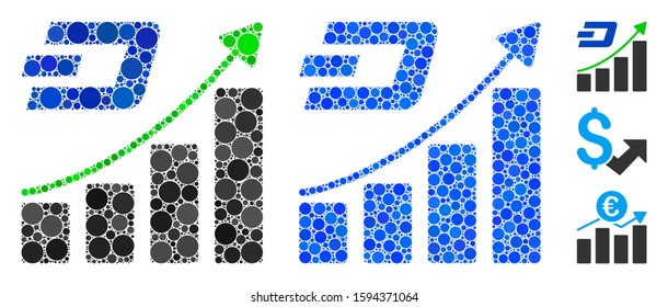 Dashcoin growing trend mosaic of small circles in different sizes and color hues, based on Dashcoin growing trend icon. Vector small circles are composed into blue collage.
