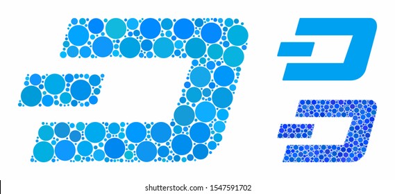 Dashcoin mosaic of small circles in variable sizes and color tints, based on Dashcoin icon. Vector small circles are grouped into blue illustration. Dotted Dashcoin icon in usual and blue versions.