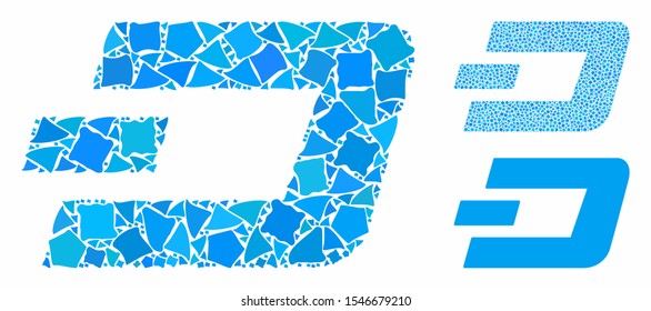 Dashcoin mosaic of tremulant pieces in different sizes and shades, based on Dashcoin icon. Vector tremulant dots are combined into collage. Dashcoin icons collage with dotted pattern.