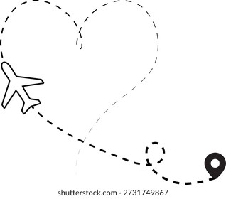 Rota de avião tracejada formando forma de coração com pino de destino. Ilustração de linha de amor de viagem mínima isolada no fundo branco. Ideal para viagem romântica, viagem de casamento e projeto de namorados.