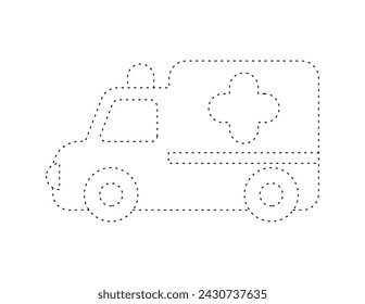 contorno de ambulancia discontinuo para colorear plantilla de libro, ambulancia para niños ilustración hoja de trabajo imprimible