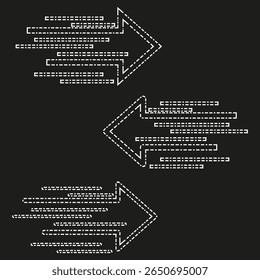 Ícones de seta tracejada. Motivo do código em camadas. Movimento arrojado Vetor. Gráfico tecnológico escuro.