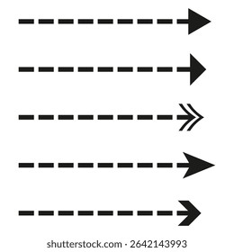 Dashed arrow set. Direction indicator group. Simple vector pointer. Horizontal motion concept.