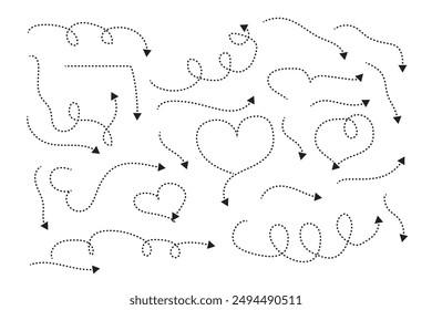 Dashed arrow set. Hand drawn doodle style. Vector illustration