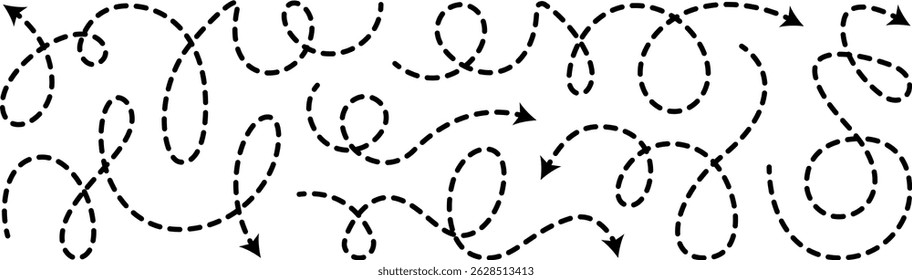 Dashed arrow squiggly vector line set. Curved shape doodle brush element. Complex plan, map path pattern. 3d up down direction scribble dynamic curly marker. Looped black stroke twirl spiral handdrawn