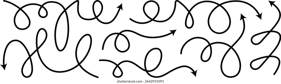 Dashed arrow squiggly vector line set. Curved shape doodle brush element. Complex plan, map path pattern. 3d up down direction scribble dynamic curly marker. Looped black stroke twirl spiral handdrawn