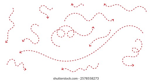 Dashed Arrows doodle dot line arrows set. Vector dots linear arrow set, dashed or dotted moving navigation directionals collection isolated on white background.  EPS 10