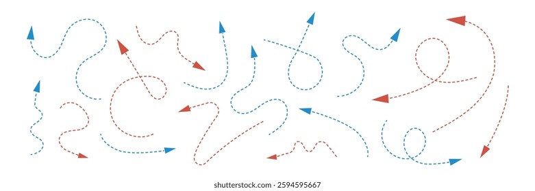 Dashed arrows red and blue colors. Set of curvy direction elements. infographic signs on white