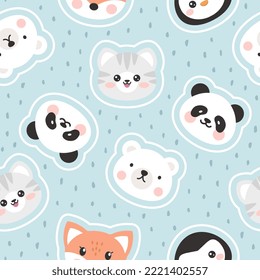 Dashed blue animals seamless pattern for kids, polar bear, penguin, fox, panda, kitten cute faces with white strokes. Baby boy and girl fabric print.