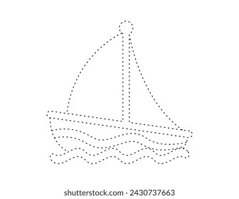 dashed boat outline for coloring book template, boat for kids illustration worksheet printable