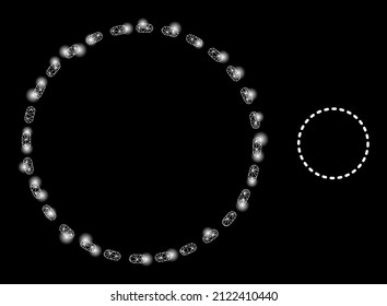 Dashed circle area icon and shiny mesh net dashed circle area model with illuminated spots. Illuminated model created using dashed circle area vector icon and triangle mesh.
