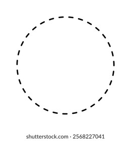 Dashed circle shape isolated on white background. Basic geometric round figure with dashed line. Cut here pictogram. Vector outline illustration.