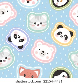 Dashed colorful animals seamless pattern for kids, polar bear, penguin, fox, panda, kitten cute faces with pink, yellow, purple, blue, green strokes. Baby boy and girl fabric print.