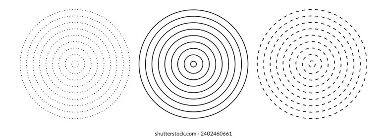 Dashed concentric circle icon. Black and white broken circular rings. Sound wave, radar, target. Dotted round lines. Abstract monochrome graphic. Vector illustration isolated on white background.