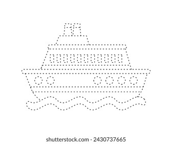 dashed cruise ship outline for coloring book template, cruise ship illustration for kid worksheet printable