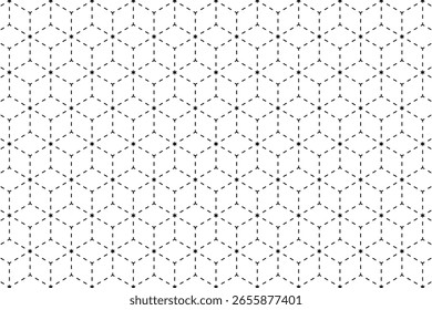 Dashed cube shapes pattern. Repeated dotted squares in 3d projection. Mosaic texture with interrupted lines. Minimalistic abstract geometric stitched print. Vector graphic illustration.