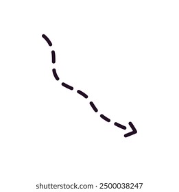 Dashed curve with cursor showing route. Wavy dot line with arrow pointing direction. Doodle way pointer guides path. Curvy geometric shape, sign of move. Flat isolated vector illustration on white