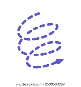 Dashed curve with loops showing route. Twisted dot line with cursor pointing direction. Abstract arrow sign, pointer, geometric shape guides way. Flat isolated vector illustration on white background
