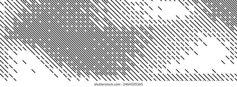 Dashed diagonal line texture. Slanted dash lines pattern background. Straight tilted interrupted stripes wallpaper. Abstract dither rasterized grunge overlay. Wide rippled vector texture