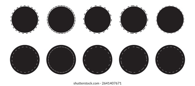 Dashed and dotted black circle icon. Simple dashed circle set on white background. Vector icons in flat style. Dotted geometric round figures. Vector outline.
