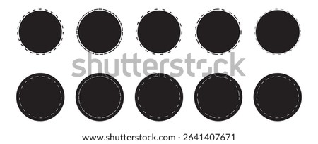 Dashed and dotted black circle icon. Simple dashed circle set on white background. Vector icons in flat style. Dotted geometric round figures. Vector outline.