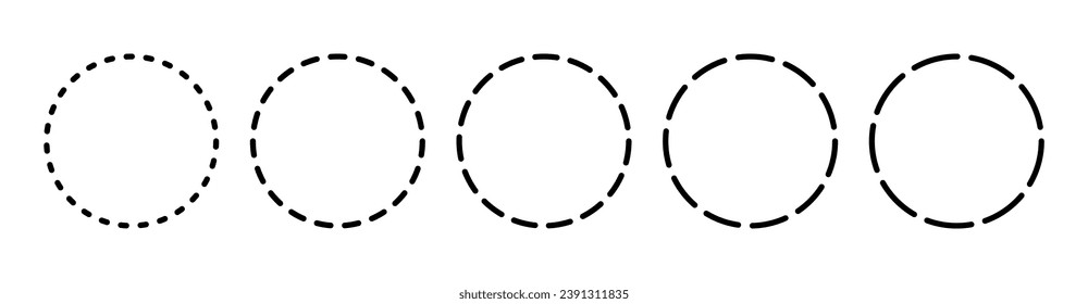 Dashed and dotted circle icon. Black and white broken rings. Dotted round lines. Abstract monochrome graphic. Dashed cut circle line. Vector illustration isolated on white background.