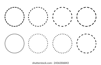 Dashed and dotted circle icon.  Dotted round lines. Black and white broken rings. Abstract monochrome graphic. vector illustration