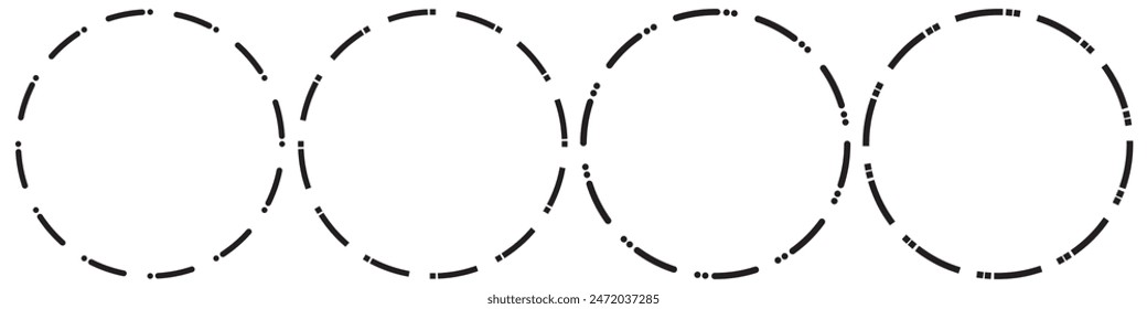 Dashed and dotted circle icon. Dotted round lines. Black and white broken rings. Abstract monochrome graphic.