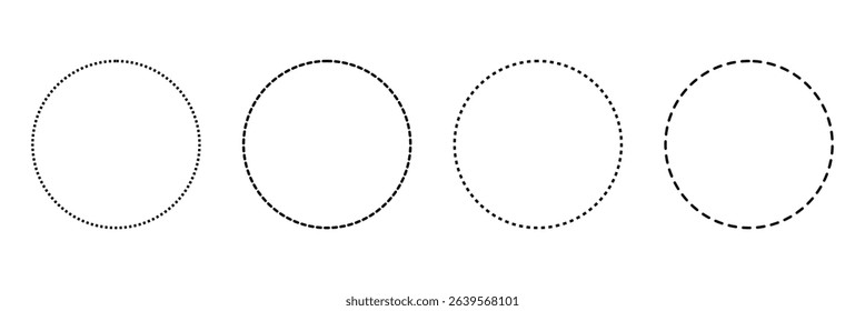 Dashed and dotted circle icon. Dotted round lines. Black and white broken rings. Abstract monochrome graphic. vector illustration . EPS 10 . 