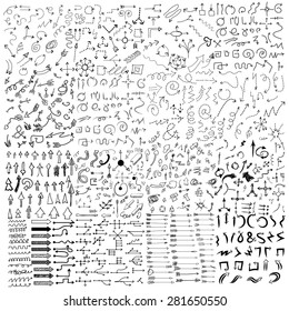 Dashed and dotted doodle arrow icons set with spiral, square, circle and triangle directions. Collection of grunge hand drawn, chalk, coal pointers elements. White background. Vector Illustration.
