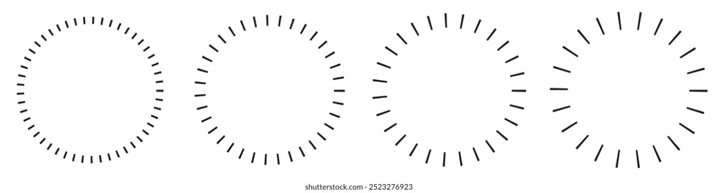 Círculo arredondado radial tracejado e pontilhado ondulado na ilustração de 4 variações. Ícones de vetor em estilo plano