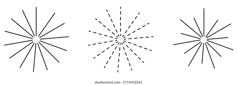 Círculo arredondado radial tracejado e pontilhado. Padrão de linha circular semelhante aos raios de luz do sol. Eps 10